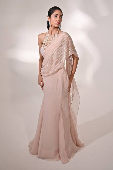 BAANI KHURANA_Pink Organza, Chiffon Pearls, Embellished Mermaid Pre-draped Saree With Blouse _Online_at_Aza_Fashions