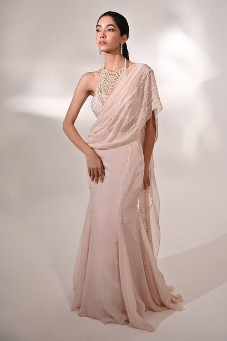 Buy_BAANI KHURANA_Pink Organza, Chiffon Pearls, Embellished Mermaid Pre-draped Saree With Blouse _Online_at_Aza_Fashions