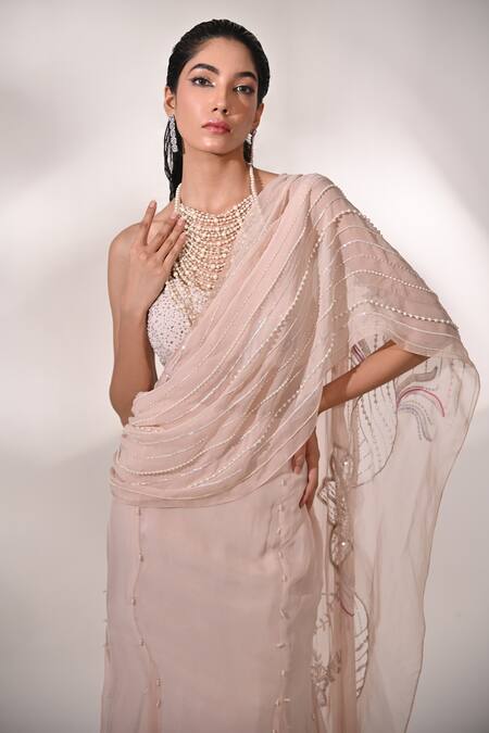 Shop_BAANI KHURANA_Pink Organza, Chiffon Pearls, Embellished Mermaid Pre-draped Saree With Blouse _Online_at_Aza_Fashions
