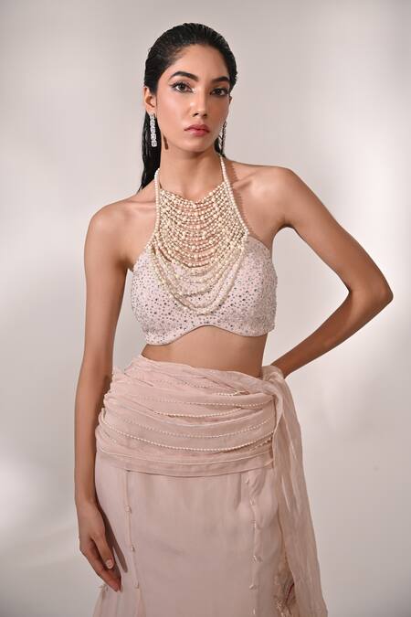BAANI KHURANA_Pink Organza, Chiffon Pearls, Embellished Mermaid Pre-draped Saree With Blouse _at_Aza_Fashions