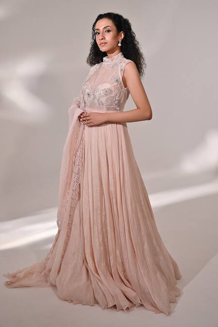 BAANI KHURANA_Pink Organza, Chiffon Beads, Sequins, Floral Embroidered Anarkali With Dupatta _Online_at_Aza_Fashions