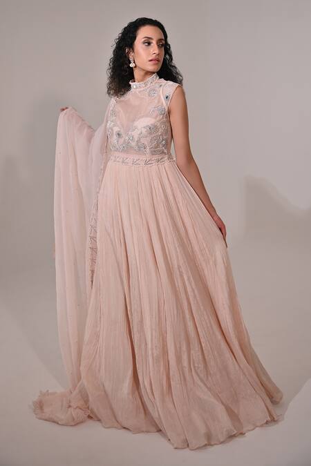 Buy_BAANI KHURANA_Pink Organza, Chiffon Beads, Sequins, Floral Embroidered Anarkali With Dupatta _Online_at_Aza_Fashions