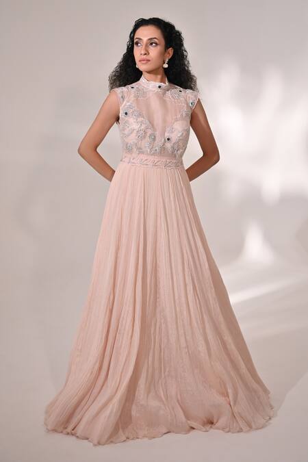 Shop_BAANI KHURANA_Pink Organza, Chiffon Beads, Sequins, Floral Embroidered Anarkali With Dupatta _Online_at_Aza_Fashions