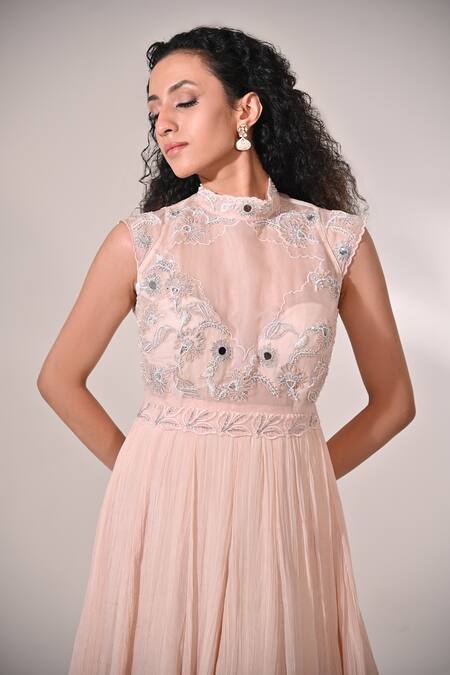 BAANI KHURANA_Pink Organza, Chiffon Beads, Sequins, Floral Embroidered Anarkali With Dupatta _at_Aza_Fashions