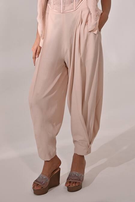 Buy_BAANI KHURANA_Pink Organza, Crepe Beads, Sequins Chevron Embellished Jacket Draped Pant Set _Online_at_Aza_Fashions