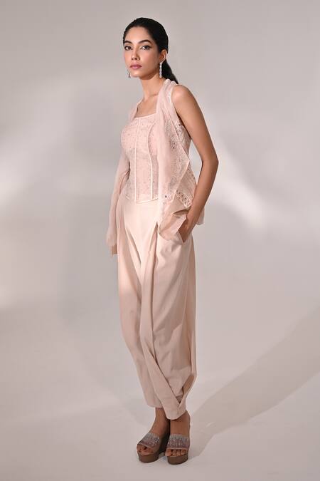 Shop_BAANI KHURANA_Pink Organza, Crepe Beads, Sequins Chevron Embellished Jacket Draped Pant Set _Online_at_Aza_Fashions