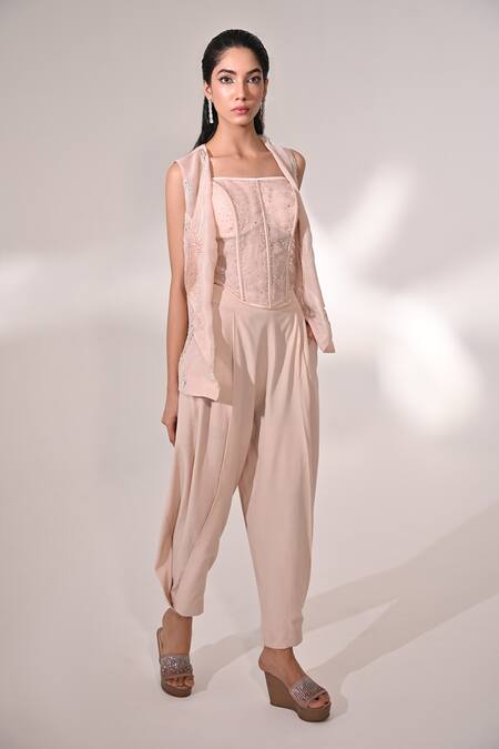 BAANI KHURANA_Pink Organza, Crepe Beads, Sequins Chevron Embellished Jacket Draped Pant Set _at_Aza_Fashions