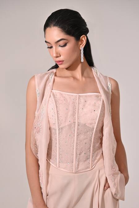 Buy_BAANI KHURANA_Pink Organza, Crepe Beads, Sequins Chevron Embellished Jacket Draped Pant Set 