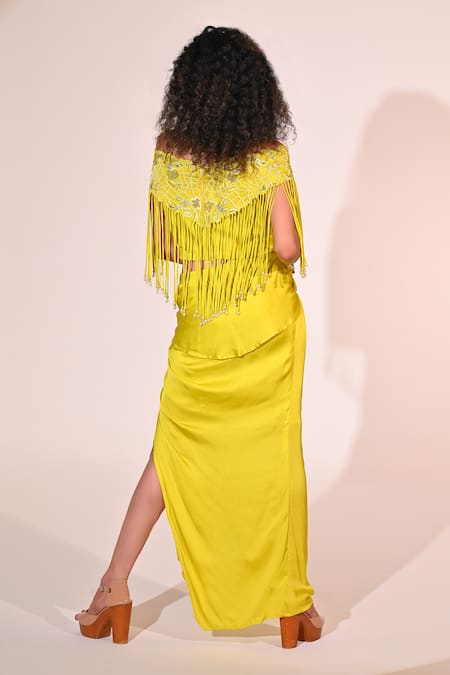 BAANI KHURANA Floral Embroidered Tasselled Off Shoulder Top With Draped Skirt 