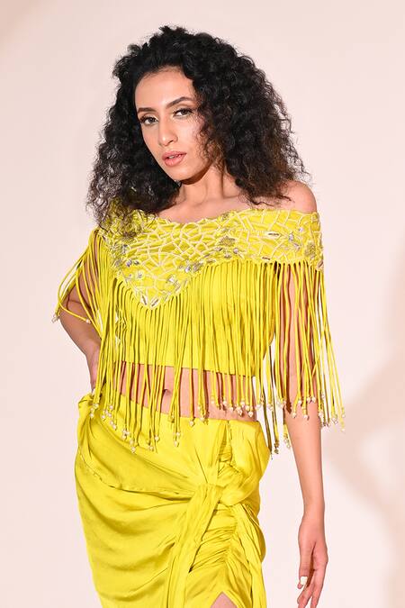 Buy_BAANI KHURANA_Green Organza, Satin Sequins, Floral Embroidered Off Top With Draped Skirt _Online_at_Aza_Fashions