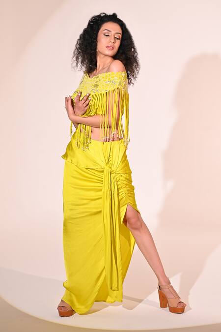 Shop_BAANI KHURANA_Green Organza, Satin Sequins, Floral Embroidered Off Top With Draped Skirt _Online_at_Aza_Fashions