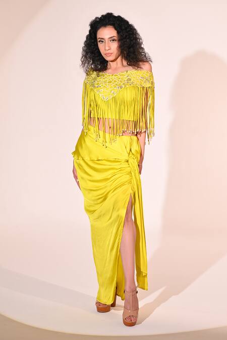 BAANI KHURANA_Green Organza, Satin Sequins, Floral Embroidered Off Top With Draped Skirt _at_Aza_Fashions