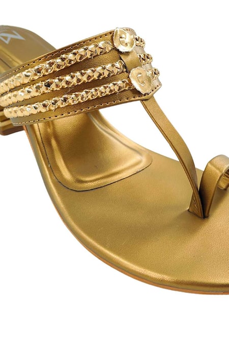 Buy_The Madras Trunk_Gold Rhinestones Ruhi Trio Braided Woven Kolhapuri Heels _Online_at_Aza_Fashions