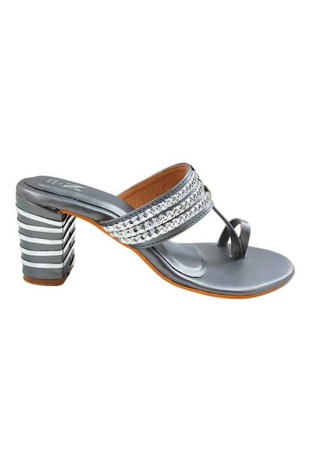 Shop_The Madras Trunk_Silver Ruhi Braided Strap Woven Kolhapuri Heels _Online_at_Aza_Fashions