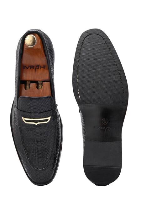 Shop_Ivrah_Black Buckles Prague Croc Skin Textured Slip On Shoes_at_Aza_Fashions