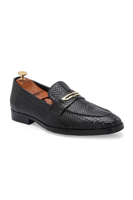 Buy_Ivrah_Black Buckles Prague Croc Skin Textured Slip On Shoes_Online_at_Aza_Fashions