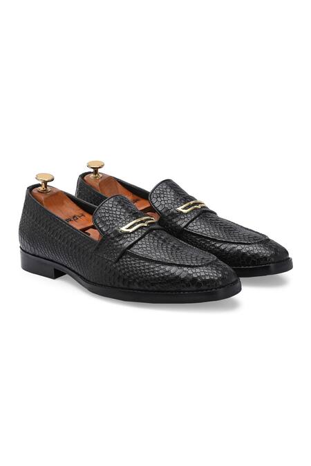 Shop_Ivrah_Black Buckles Prague Croc Skin Textured Slip On Shoes_Online_at_Aza_Fashions