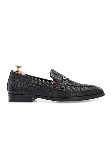 Ivrah_Black Buckles Prague Croc Skin Textured Slip On Shoes_at_Aza_Fashions