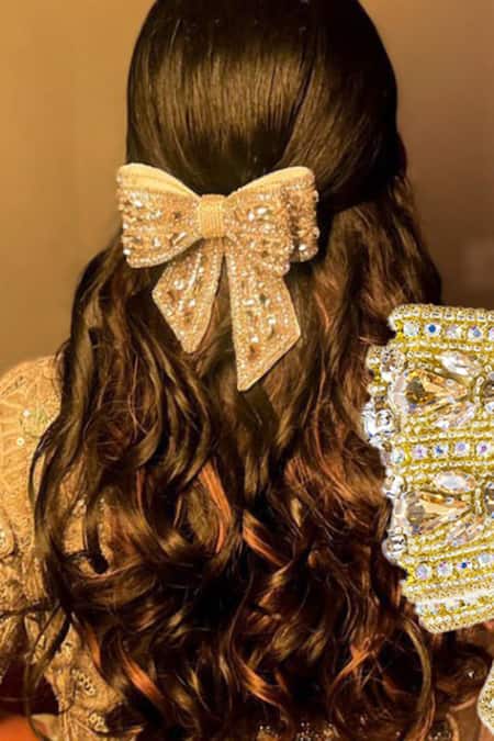 Hair Drama CO_Gold Crystals, Cut Work Studded Hair Bow _Online_at_Aza_Fashions