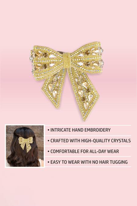 Buy_Hair Drama CO_Gold Crystals, Cut Work Studded Hair Bow _Online_at_Aza_Fashions
