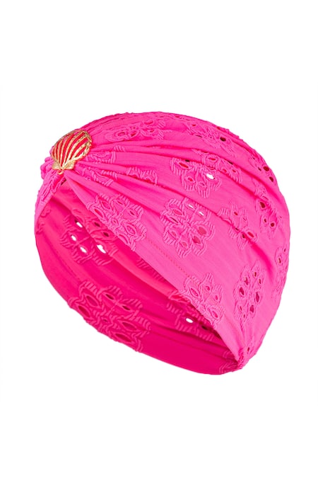 Hair Drama CO Pink Floral Schiffli Shell Brooch Embellished Turban Online at Aza Fashions Hair Drama CO_Pink Floral Schiffli Shell Brooch Embellished Turban _Online_at_Aza_Fashions