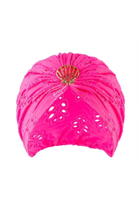 Hair Drama CO Pink Floral Schiffli Shell Brooch Embellished Turban at Aza Fashions Hair Drama CO_Pink Floral Schiffli Shell Brooch Embellished Turban _at_Aza_Fashions