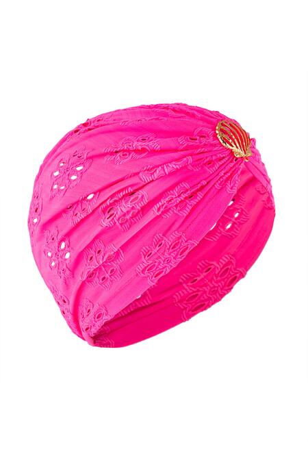 Buy Hair Drama CO Pink Floral Schiffli Shell Brooch Embellished Turban Buy_Hair Drama CO_Pink Floral Schiffli Shell Brooch Embellished Turban