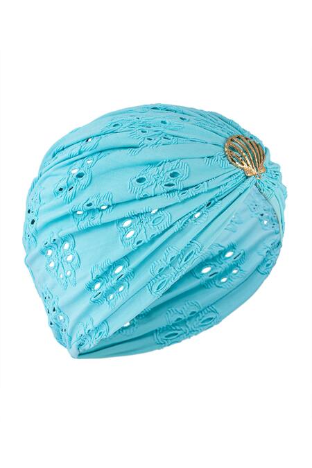 Hair Drama CO Blue Floral Schiffli Pattern Turban at Aza Fashions Hair Drama CO_Blue Floral Schiffli Pattern Turban _at_Aza_Fashions