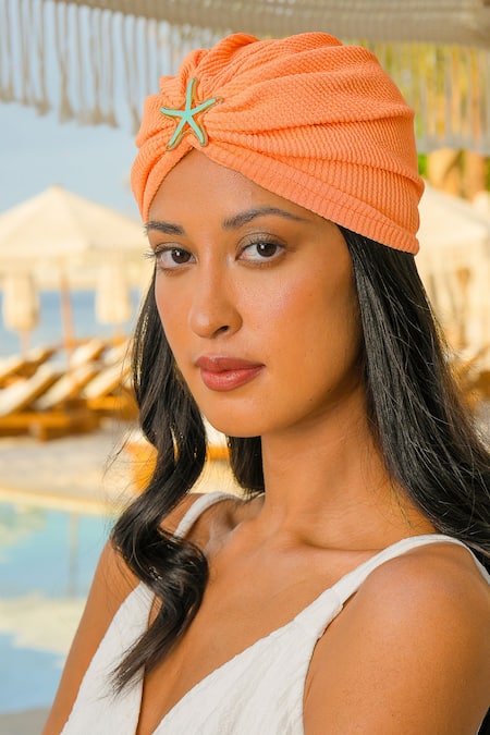 Hair Drama Co Orange Floral Schiffli Starfish Brooch Embellished Turban 