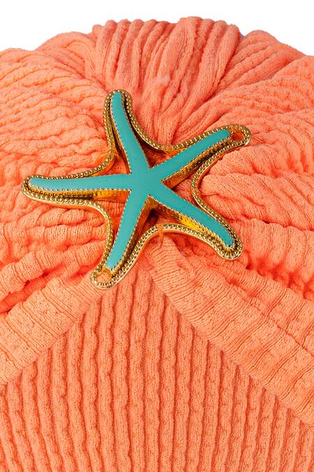 Buy_Hair Drama CO_Orange Floral Schiffli Starfish Brooch Embellished Turban 