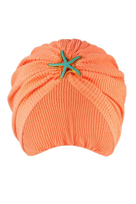 Shop_Hair Drama CO_Orange Floral Schiffli Starfish Brooch Embellished Turban 