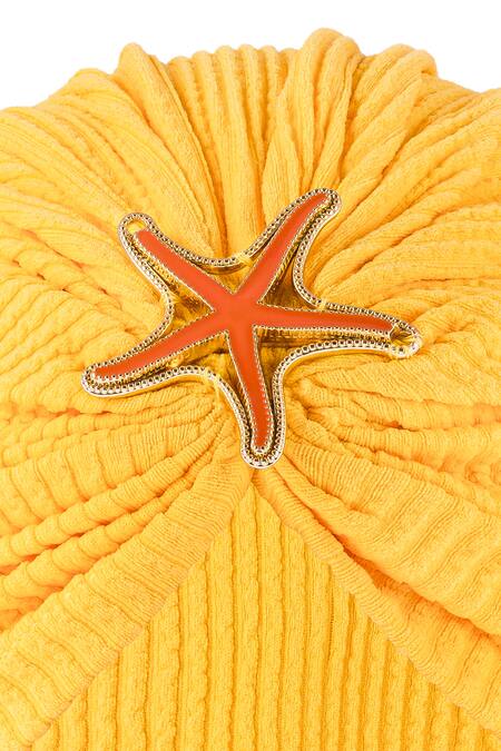 Hair Drama CO Yellow Ribbed Brooch Embellished Turban Online at Aza Fashions Hair Drama CO_Yellow Ribbed Brooch Embellished Turban _Online_at_Aza_Fashions