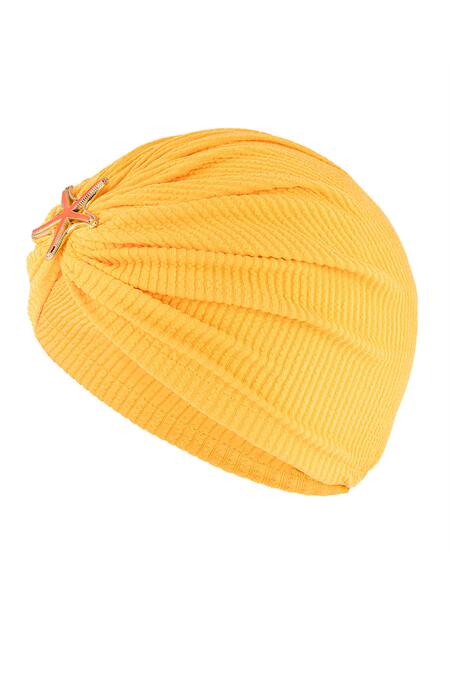 Shop Hair Drama CO Yellow Ribbed Brooch Embellished Turban Online at Aza Fashions Shop_Hair Drama CO_Yellow Ribbed Brooch Embellished Turban _Online_at_Aza_Fashions