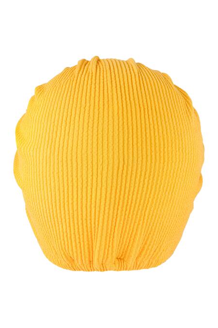 Hair Drama CO Yellow Ribbed Brooch Embellished Turban at Aza Fashions Hair Drama CO_Yellow Ribbed Brooch Embellished Turban _at_Aza_Fashions