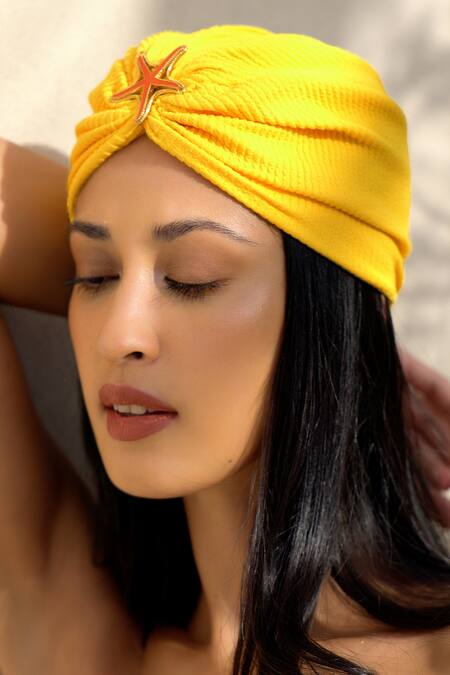 Buy Hair Drama CO Yellow Ribbed Brooch Embellished Turban Buy_Hair Drama CO_Yellow Ribbed Brooch Embellished Turban