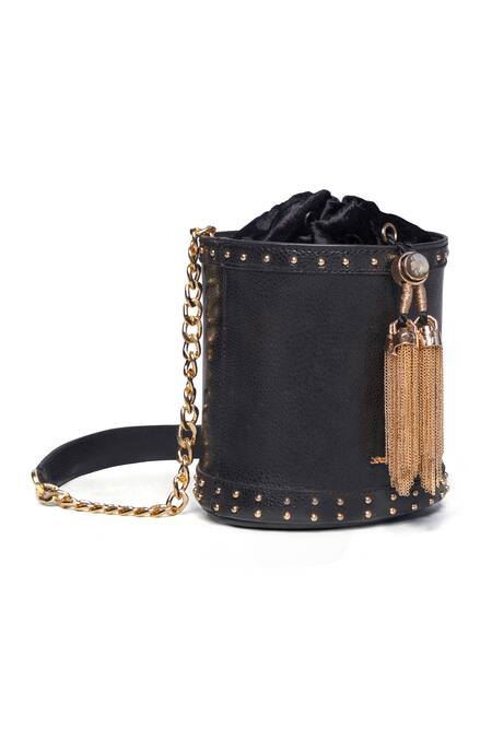 Anita Dongre_Black Tassels, Studs From The Wilderness Bucket Bag _Online_at_Aza_Fashions