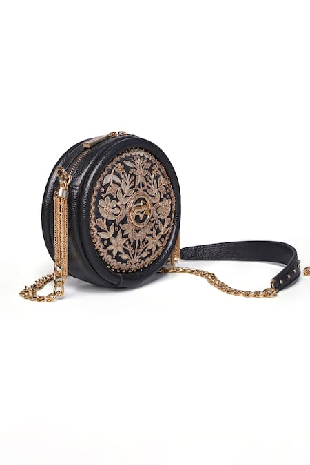 Shop_Anita Dongre_Black Embroidery Symphony Of Blooms Crossbody Bag_at_Aza_Fashions
