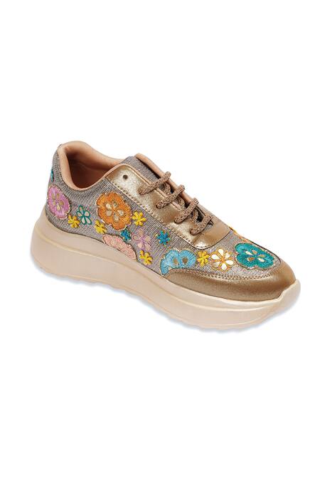 Sole Mates by Palak Gold Floral Applique Embroidered Sneakers Online at Aza Fashions Sole Mates by Palak_Gold Floral Applique Embroidered Sneakers_Online_at_Aza_Fashions