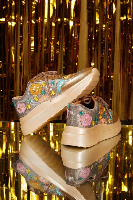 Shop Sole Mates by Palak Gold Floral Applique Embroidered Sneakers at Aza Fashions Shop_Sole Mates by Palak_Gold Floral Applique Embroidered Sneakers_at_Aza_Fashions
