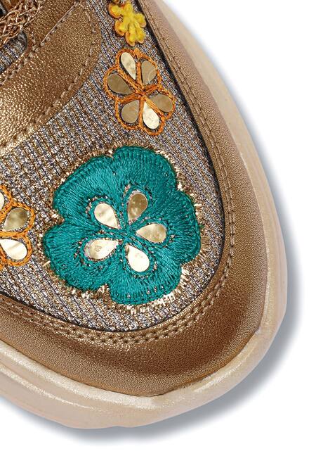 Shop Sole Mates by Palak Gold Floral Applique Embroidered Sneakers Online at Aza Fashions Shop_Sole Mates by Palak_Gold Floral Applique Embroidered Sneakers_Online_at_Aza_Fashions