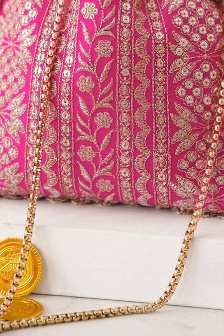 Shop_Amyra_Red Embroidery, Tassels Mirai Flower Potli_Online_at_Aza_Fashions