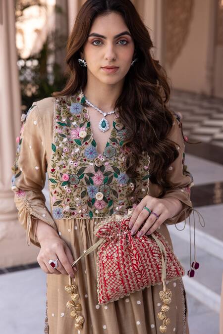 Amyra_Pink Embroidery, Tassels Mirai Floral Potli_at_Aza_Fashions