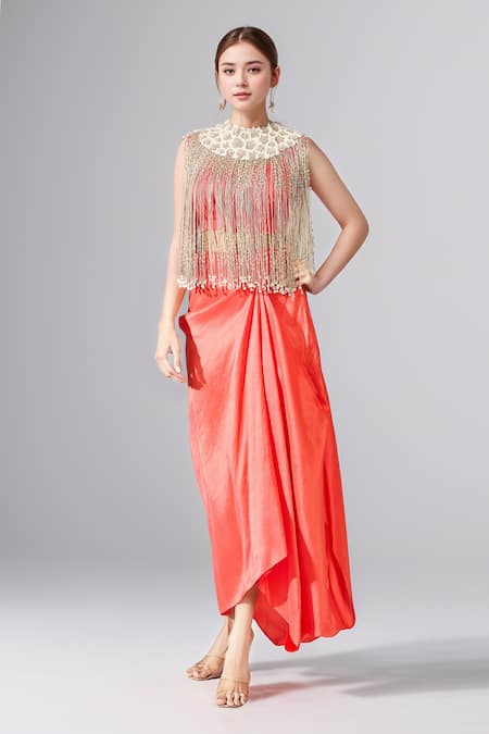 Anamika Khanna Tassel Cape & Draped Skirt Set 