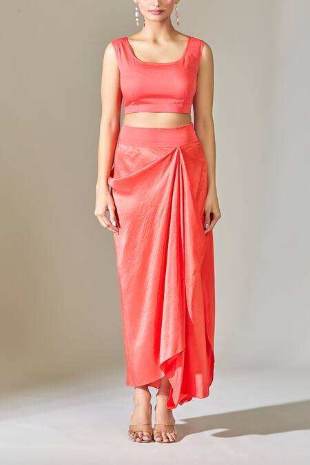 Buy Anamika Khanna Coral Cotton, Georgette Tassels Round Neck Cape And Draped Skirt Set Online at Aza Fashions Buy_Anamika Khanna_Coral Cotton, Georgette Tassels Round Neck Cape And Draped Skirt Set_Online_at_Aza_Fashions