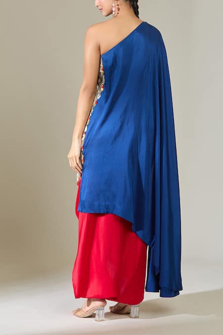 Shop Anamika Khanna Blue One Shoulder Embroidered Cape Skirt Set at Aza Fashions Shop_Anamika Khanna_Blue One Shoulder Embroidered Cape Skirt Set _at_Aza_Fashions