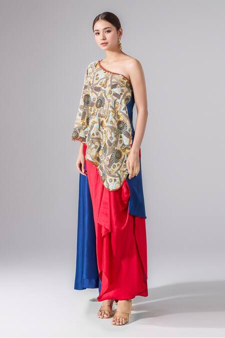 Anamika Khanna Blue One Shoulder Embroidered Cape Skirt Set Online at Aza Fashions Anamika Khanna_Blue One Shoulder Embroidered Cape Skirt Set _Online_at_Aza_Fashions