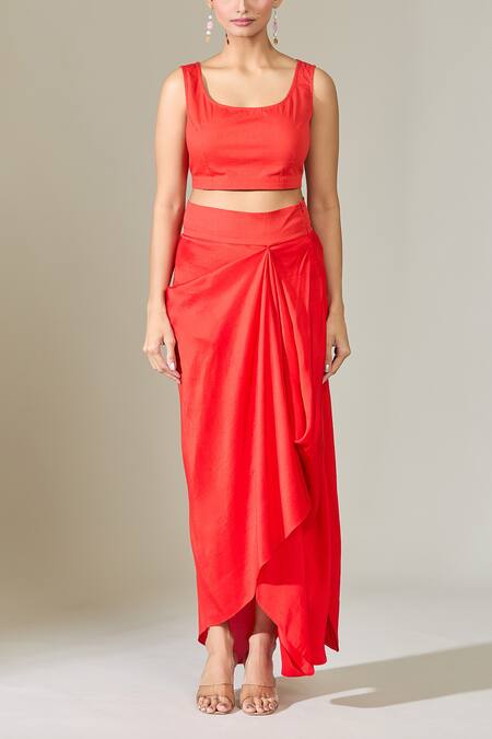 Buy Anamika Khanna Red Cotton Tassels Round Neck Embroidered Cape And Draped Skirt Set Online at Aza Fashions Buy_Anamika Khanna_Red Cotton Tassels Round Neck Embroidered Cape And Draped Skirt Set_Online_at_Aza_Fashions