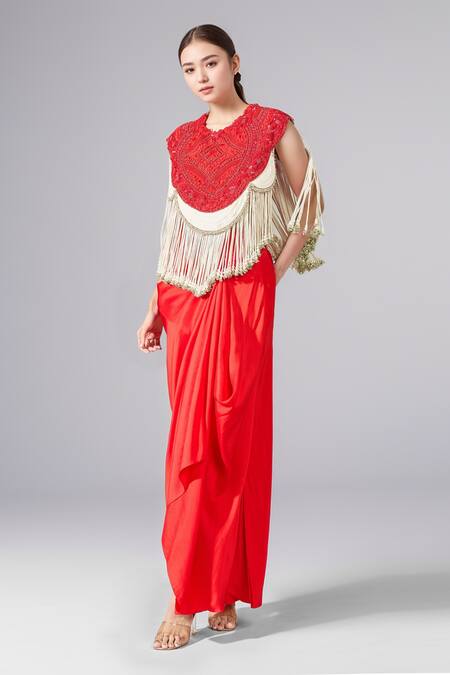 Anamika Khanna Red Cotton Tassels Round Neck Embroidered Cape And Draped Skirt Set Online at Aza Fashions Anamika Khanna_Red Cotton Tassels Round Neck Embroidered Cape And Draped Skirt Set_Online_at_Aza_Fashions