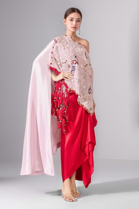 Anamika Khanna Purple Floral Embroidered Cape And Draped Skirt Set Online at Aza Fashions Anamika Khanna_Purple Floral Embroidered Cape And Draped Skirt Set _Online_at_Aza_Fashions