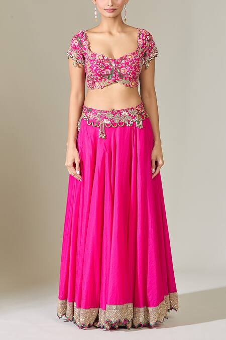 Buy_Anamika Khanna_Pink Chiffon Embroidery Scoop Neck Floral Blouse Lehenga Set_Online_at_Aza_Fashions